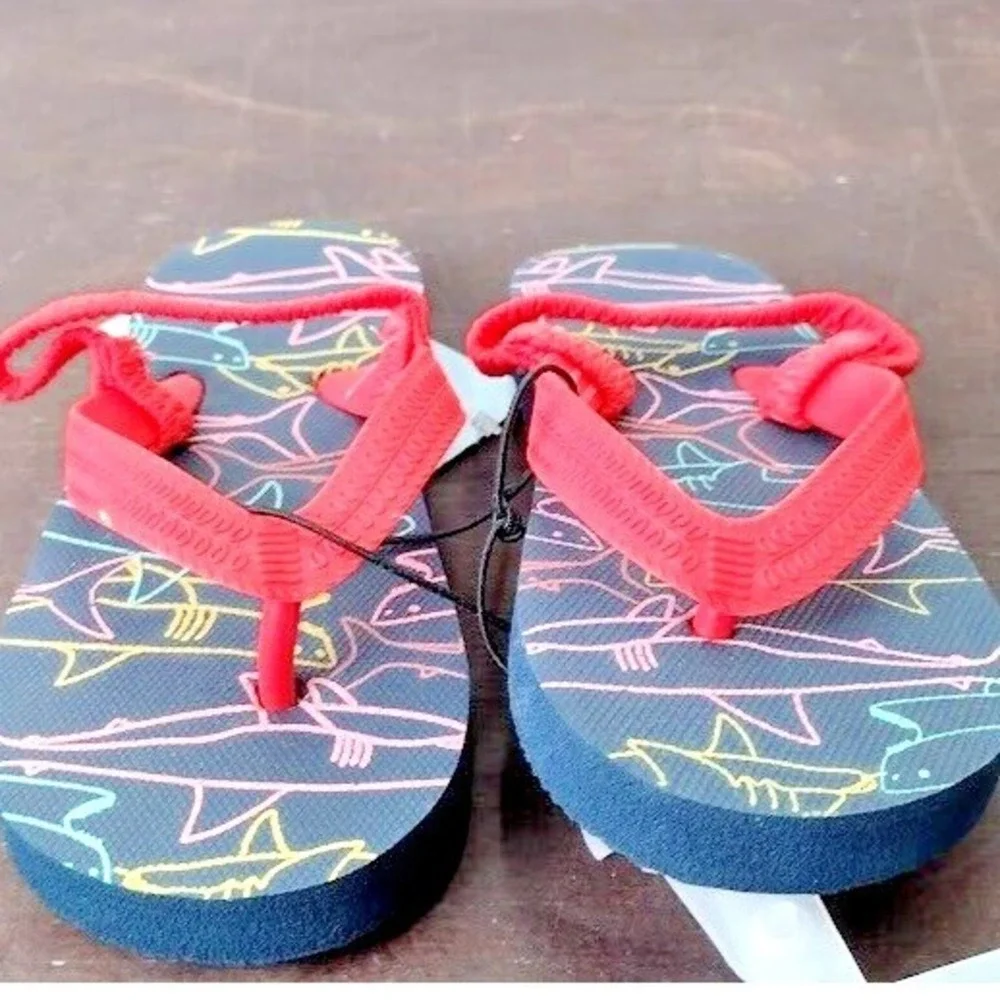 Cat Jack Kids Flip Flops Sandals Shark Print Red‎ Strap Size L 910